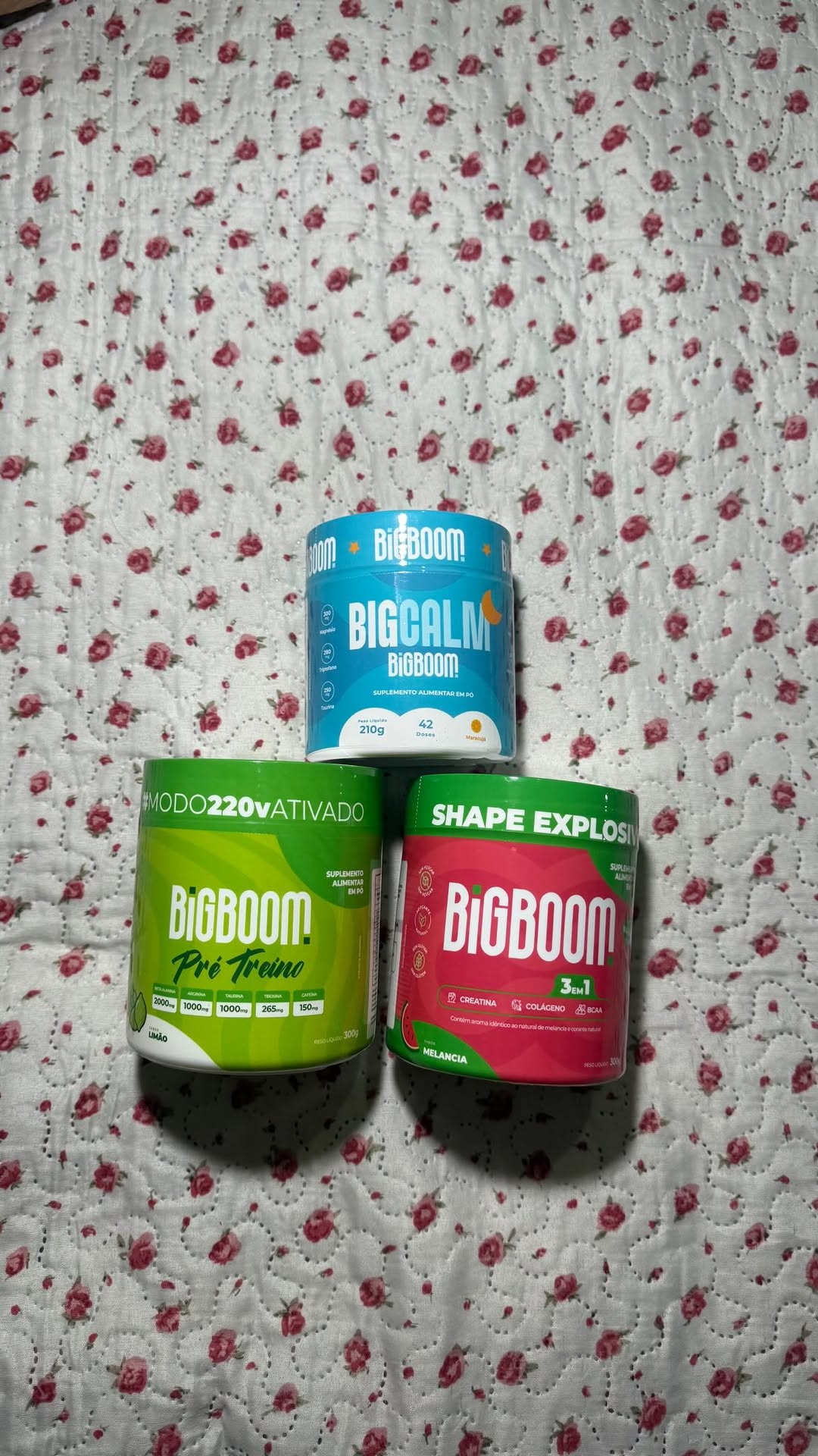 Três produtos BigBoom: BigCalm, Pré-Treino e Creatina 3 em 1